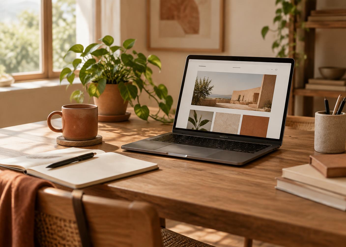 Desk with a laptop showing a freshly designed website